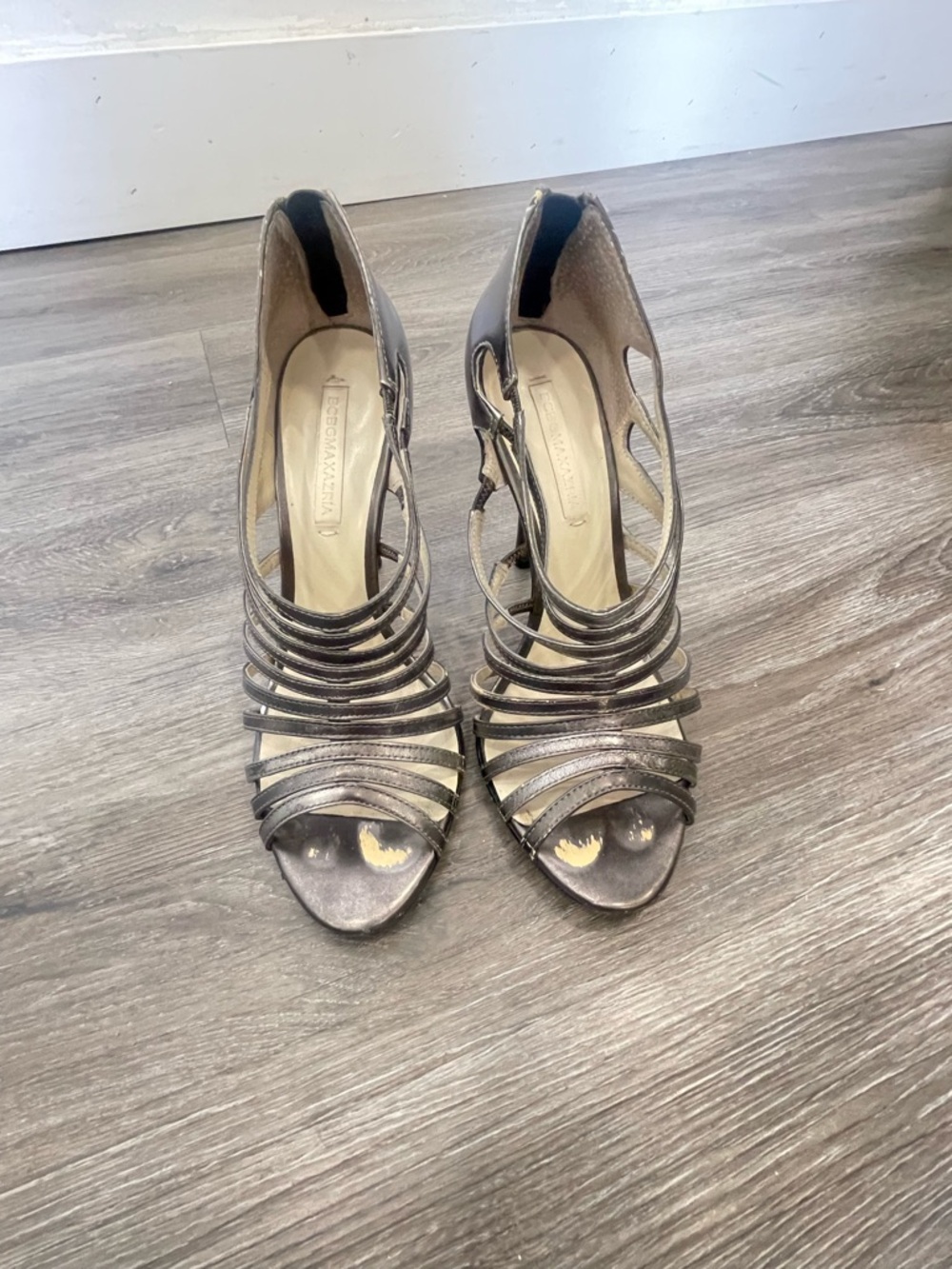 BCBGMaxAzria Metallic Gunmetal Strappy Open-Toe Heels